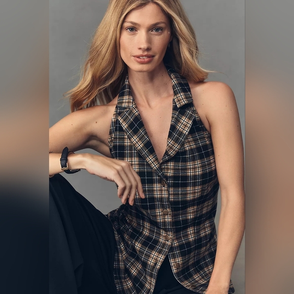 Anthropologie Pilcro Black and Tan Plaid Halter Backless Blouse - Picture 2 of 14
